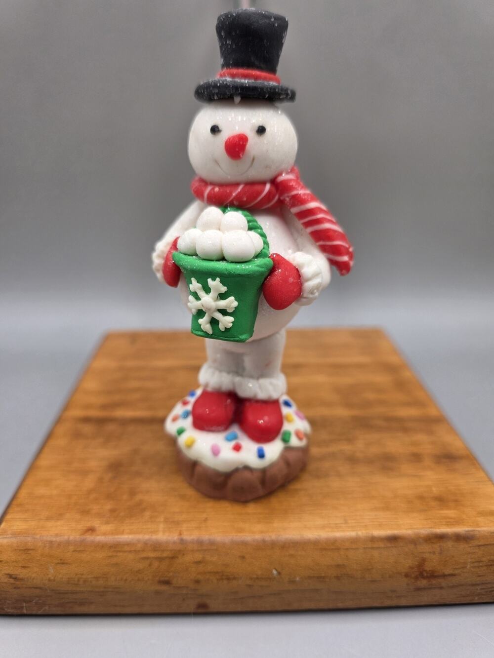 Vintage Polymer Clay Snowman Christmas Ornament Fimo Style Snowball Bucket Vtg